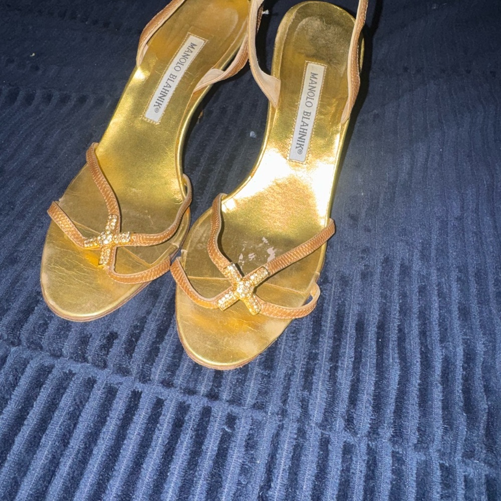 Manolo Blahnik Gold Leather Slingback Heels with Crystal Cross Accent